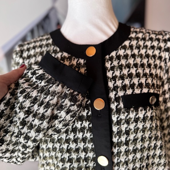 Ann Taylor Houndstooth Jacket Medium Petite Black White & Gold Metallic Shimmer! - Picture 7 of 9